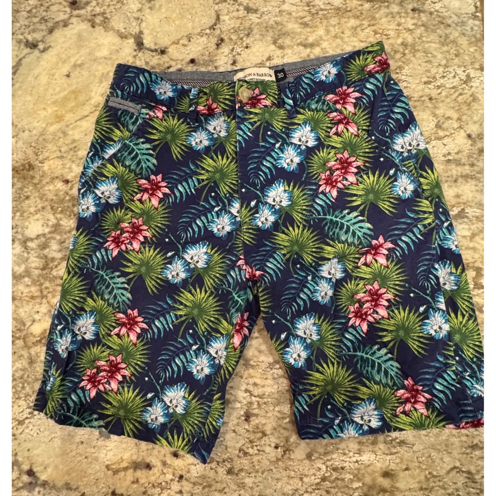 Hudson & Barrow Mens 30 Tropical Floral Shorts Navy Blue Hibiscus Palm Leaf - Picture 1 of 16